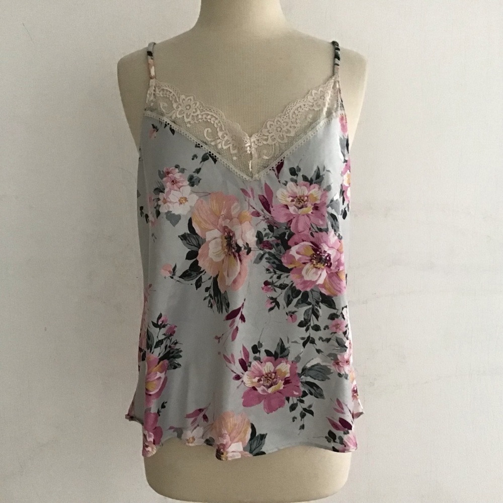 Lilac &London Aqua & Pink Large Floral Print Lace Trimmed Spaghetti Strap Cami
